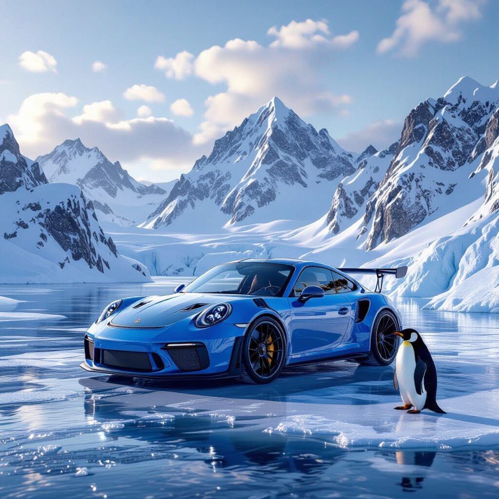 Blue Porsche GT3 RS on Ice Platform with Penguin