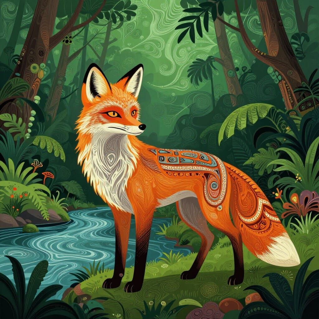 Mystical Peruvian Fox Goddess in Abstract Jungle