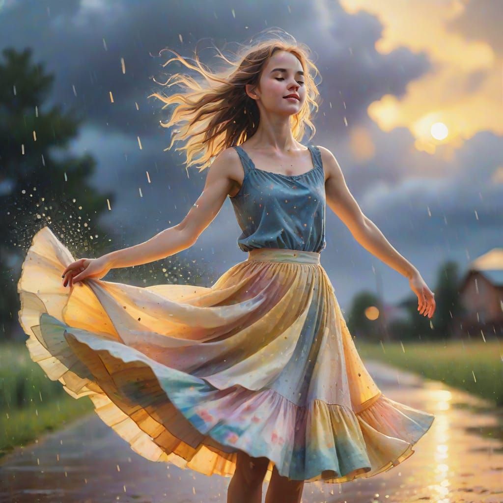 Girl Dancing in Summer Rain, Impressionistic Watercolor