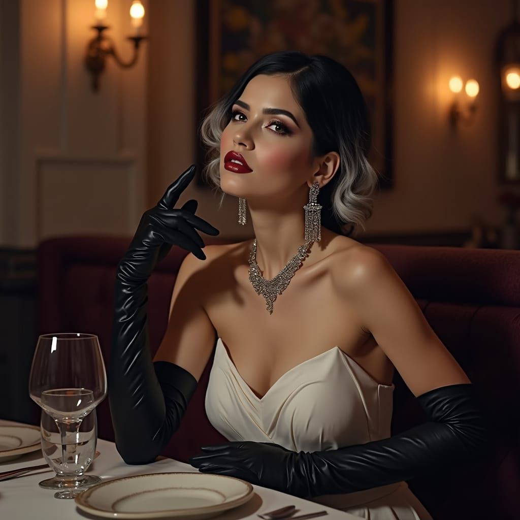 Elegant Woman in Cocktail Dress at Mardi Gras Restaurant