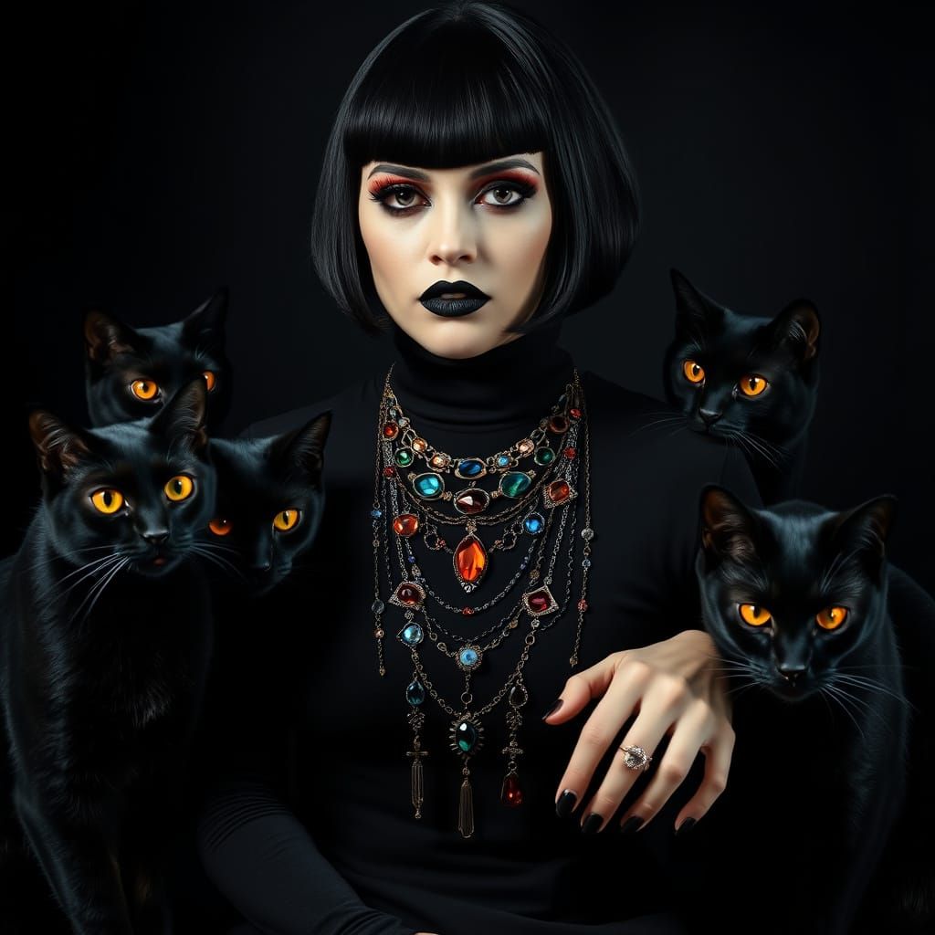 Ethereal Gothic Beauty with Black Cats in a Monochromatic Wo...