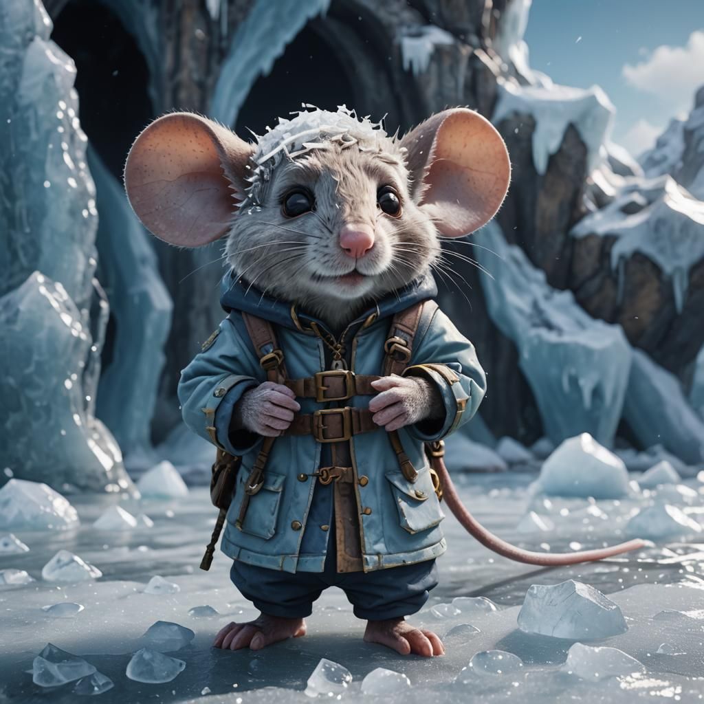 Sad Mouse Explorer in Ice: Detailed Matte Painting