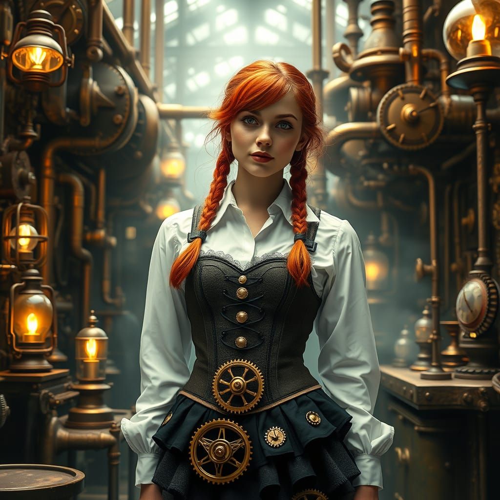Steampunk Woman Embodies Ingenuity in Bustling Workshop