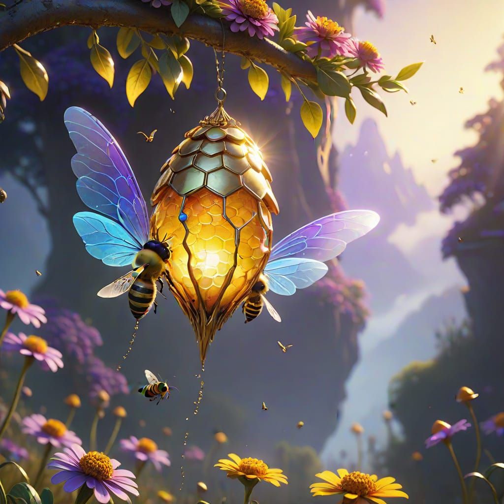 Whimsical Crystal Beehive in Lush Fantasy Meadow