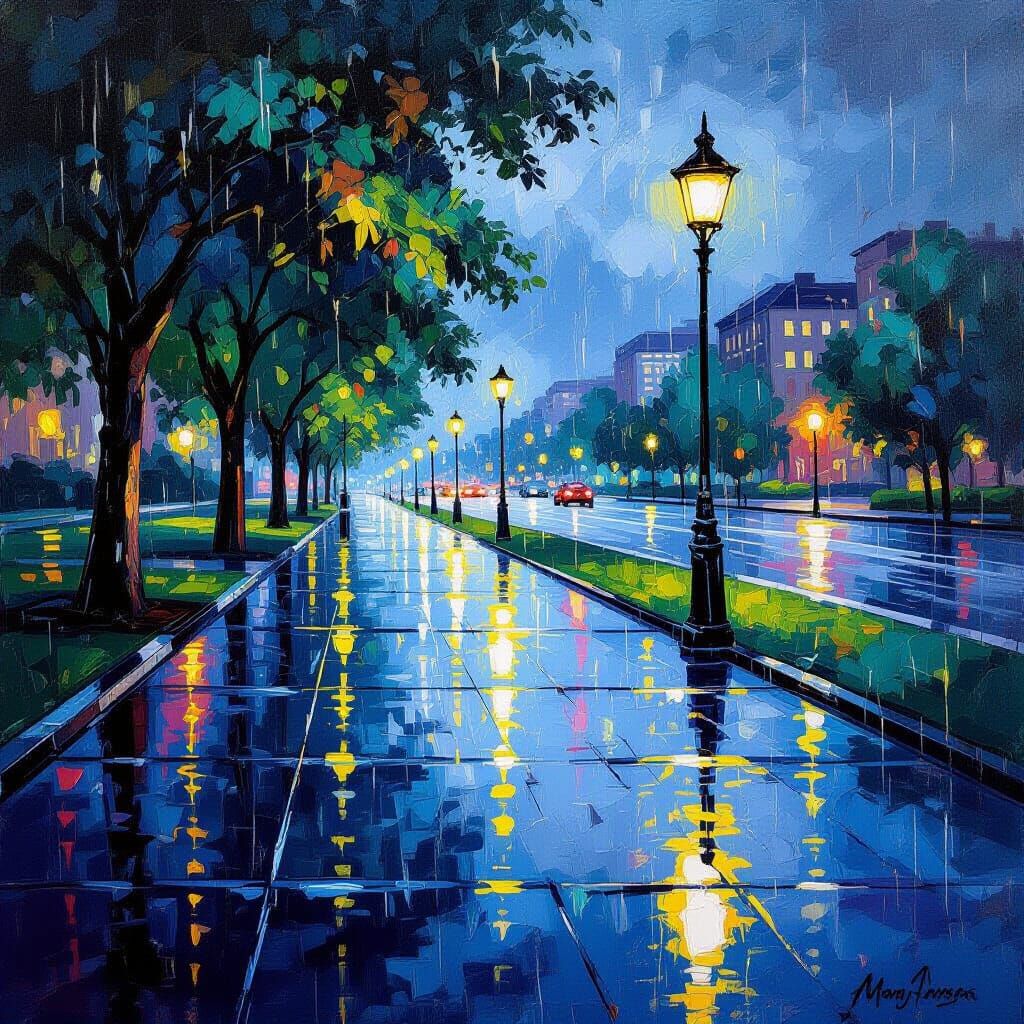 Summer Storm in City Park with Streetlight Glow