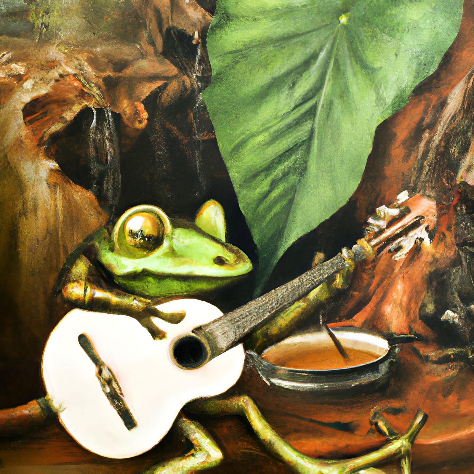 Surreal Frog Violinist: Dali-esque Creek Serenade