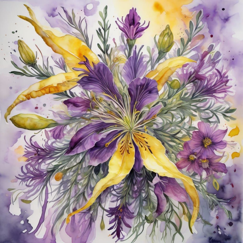 Surreal Abstract Watercolor of Napa Azaleas and Eggplant
