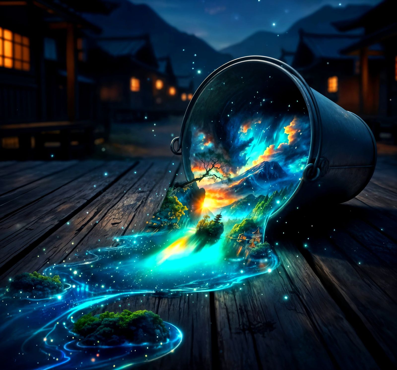 Japanese Lake Sunset with Flying Mountain and Enchanted Tree