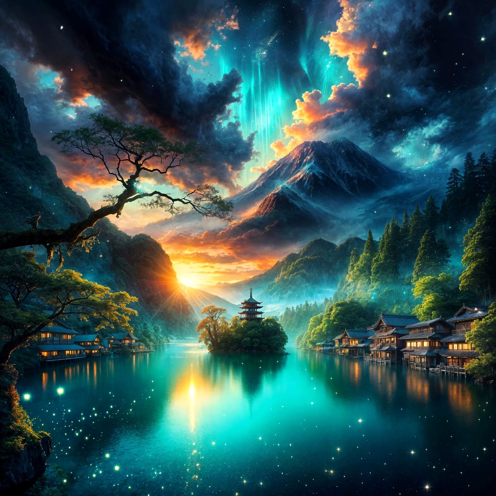 Enchanted Japanese Lake at Sunset