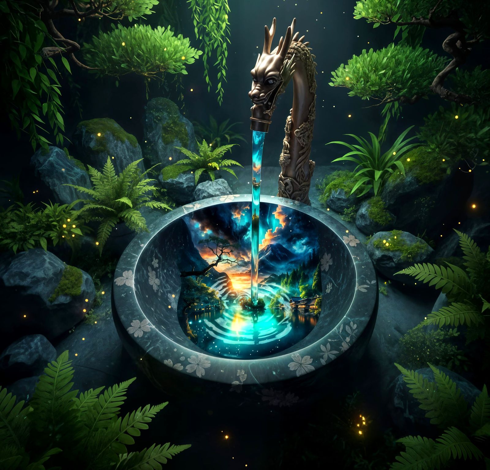 Japanese Lake at Sunset with Mountain and Fireflies