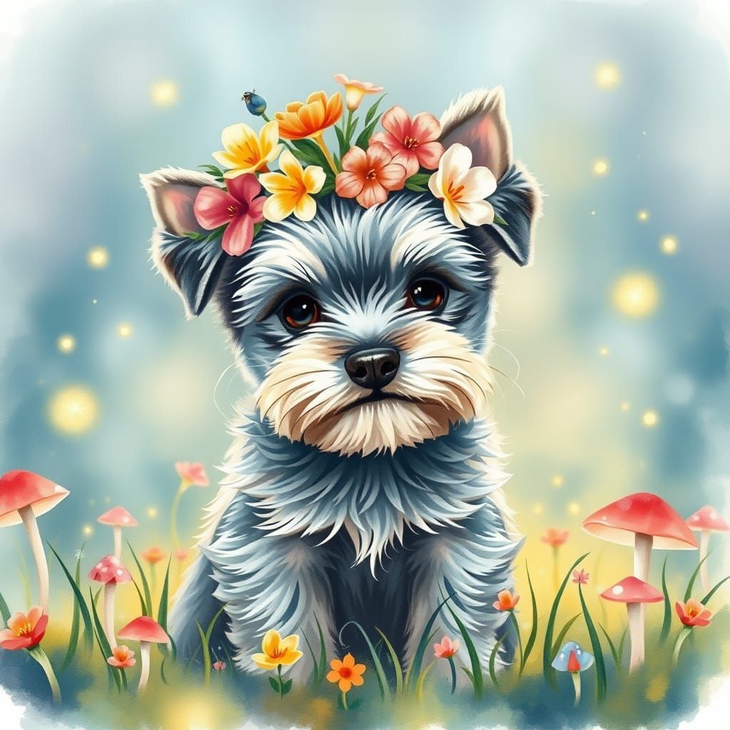 Schnauzer Puppy in Luminous Mushroom Field