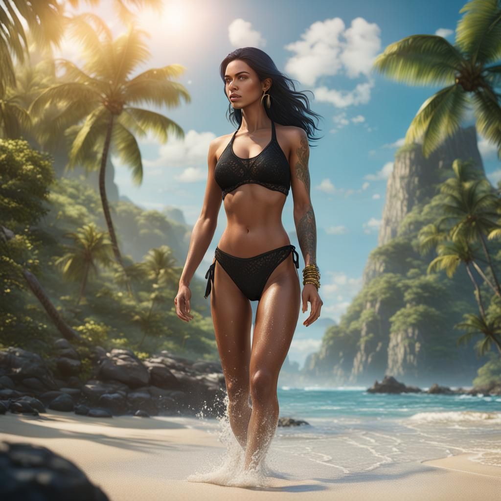 Attractive Woman on Tropical Beach: Fantasy Matte Painting