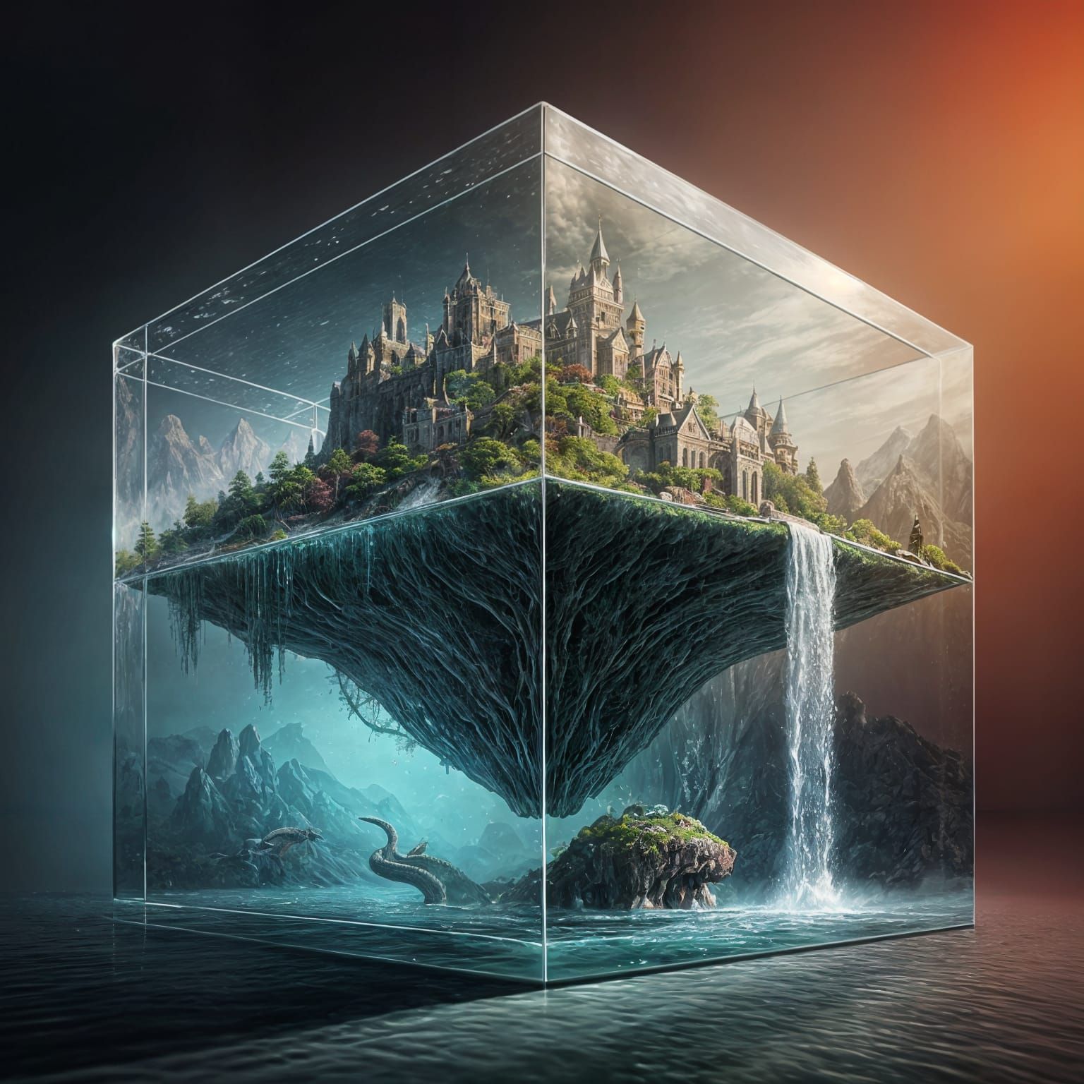 A Flying Island in a Glass Cube, with a Castle, Waterfall, a...