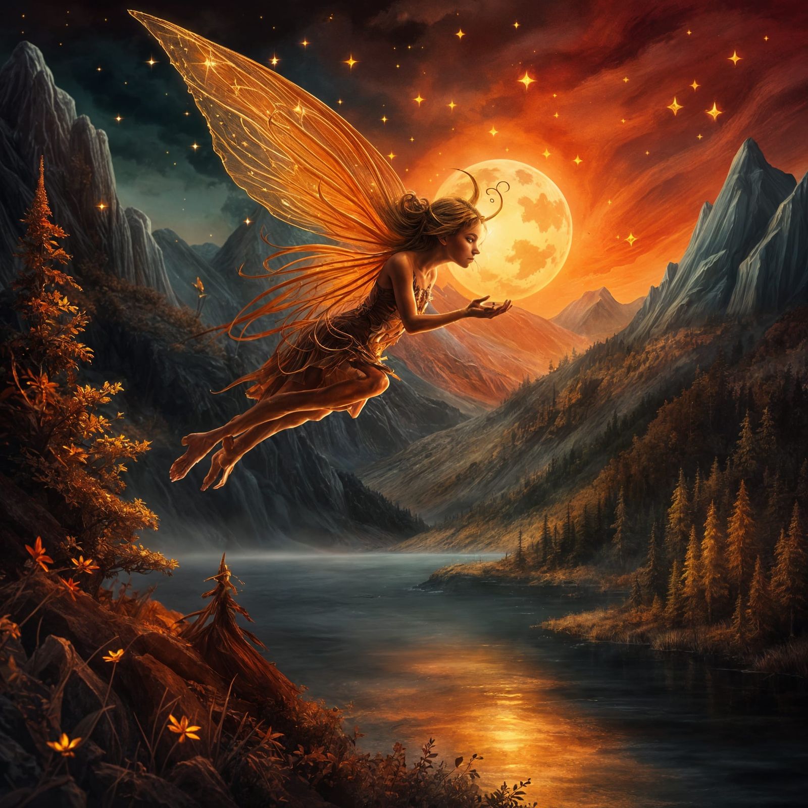 Golden Fairy Over Misty Sunset Landscape