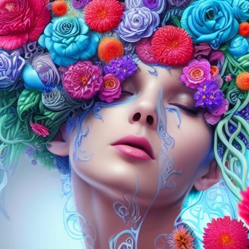 Floral Liquid Face: Breathtaking Hyperrealistic Artwork