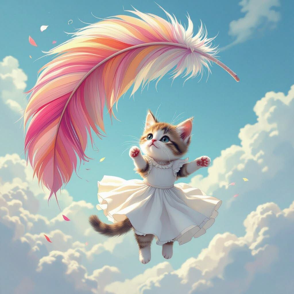 Kitten's Whimsical Flight on Giant Feather