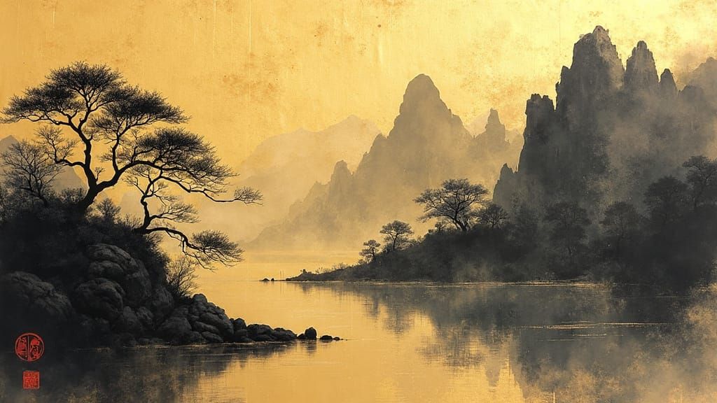 Golden Chinese Ink Landscape on Dark Background