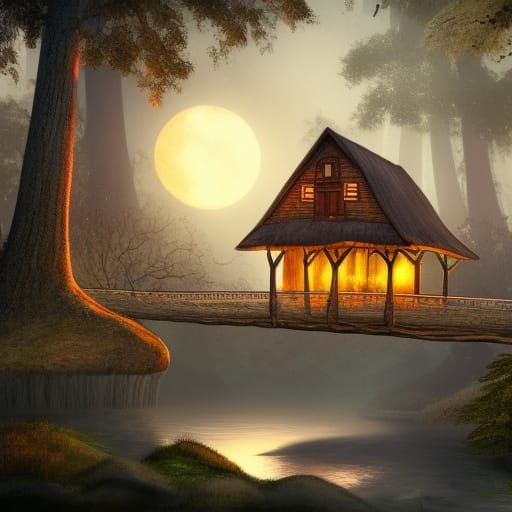 Mushroom Cabin with Hanging Bridge in Moonlight