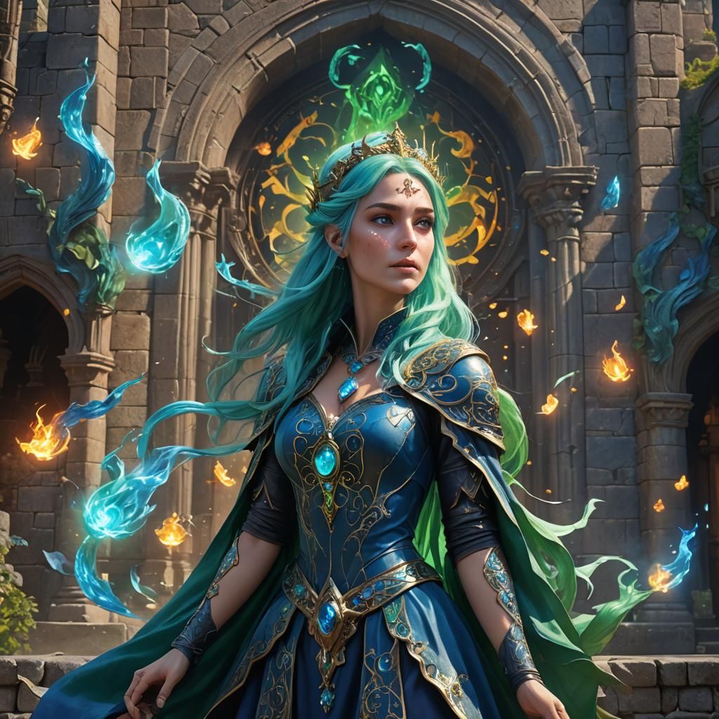 Sorceress on Castle Wall with Elemental Spirits