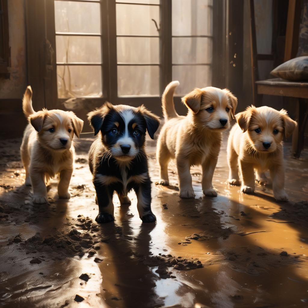 Impressionist Puppies Tracking Mud, Alphonse Mucha Style