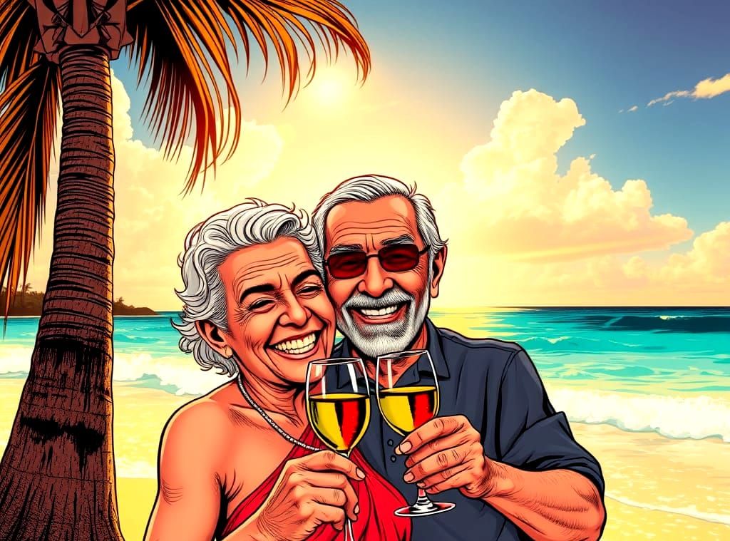 Romantic Beach Scene in Vintage Comic Style