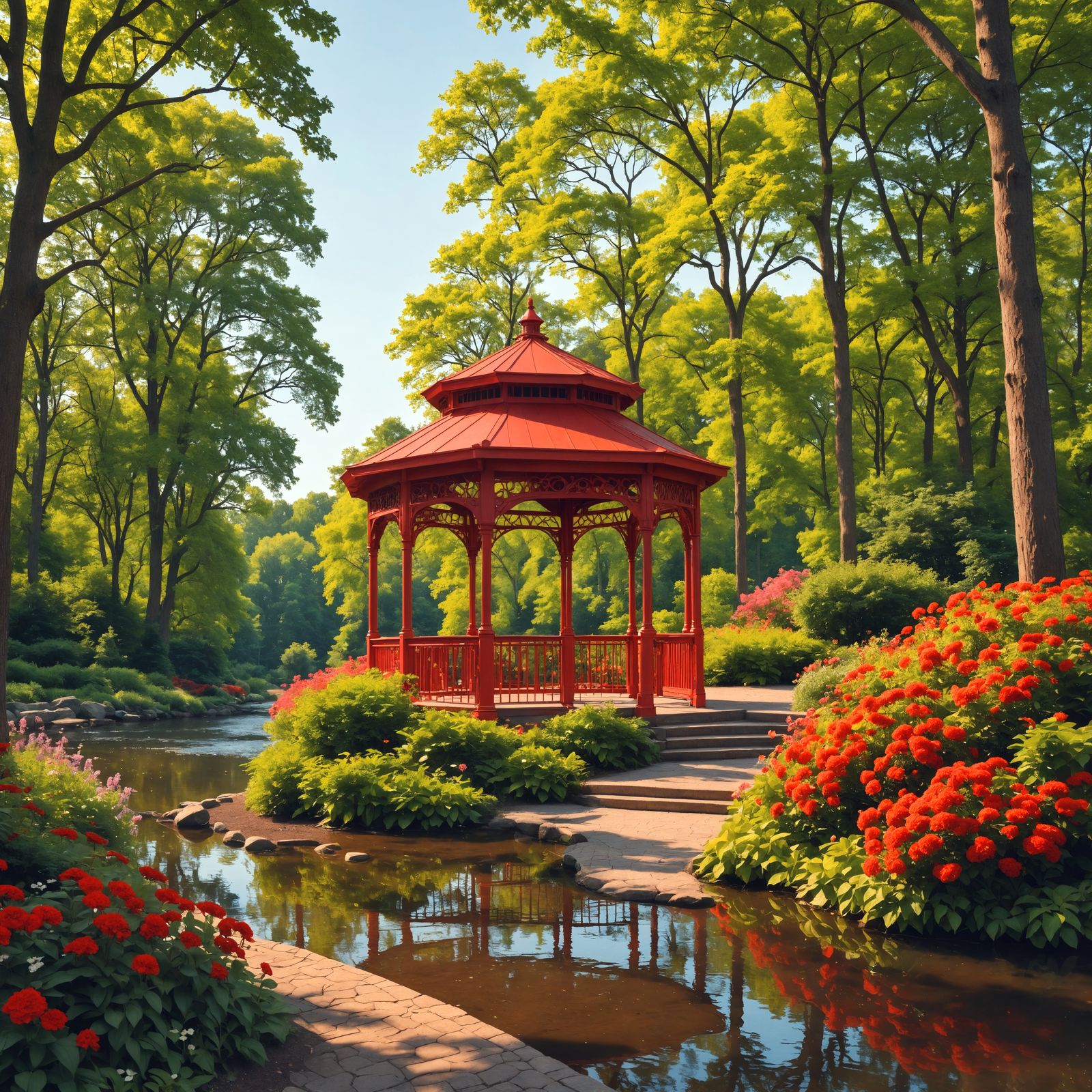 Red Metal Gazebo in Forest Park