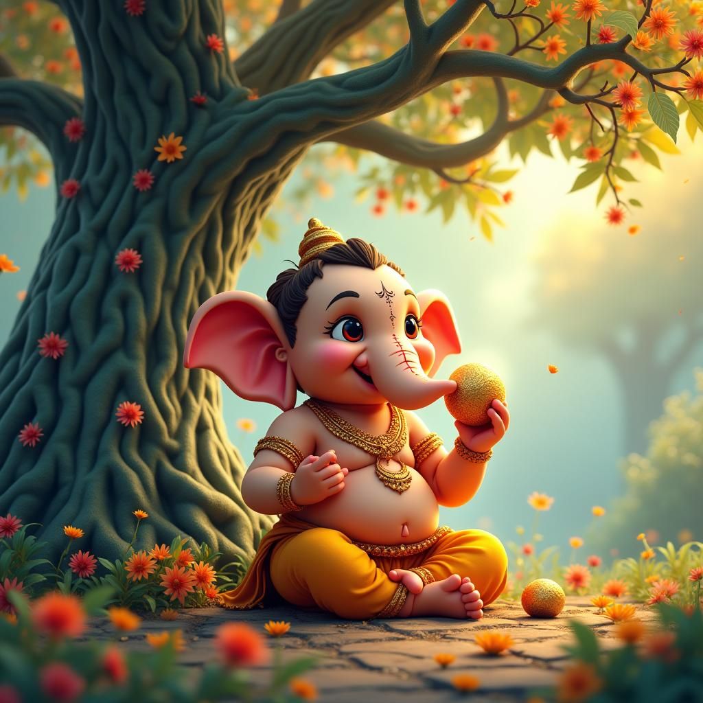 Baby Ganesha Enjoys Ladoo Under Vibrant Tree