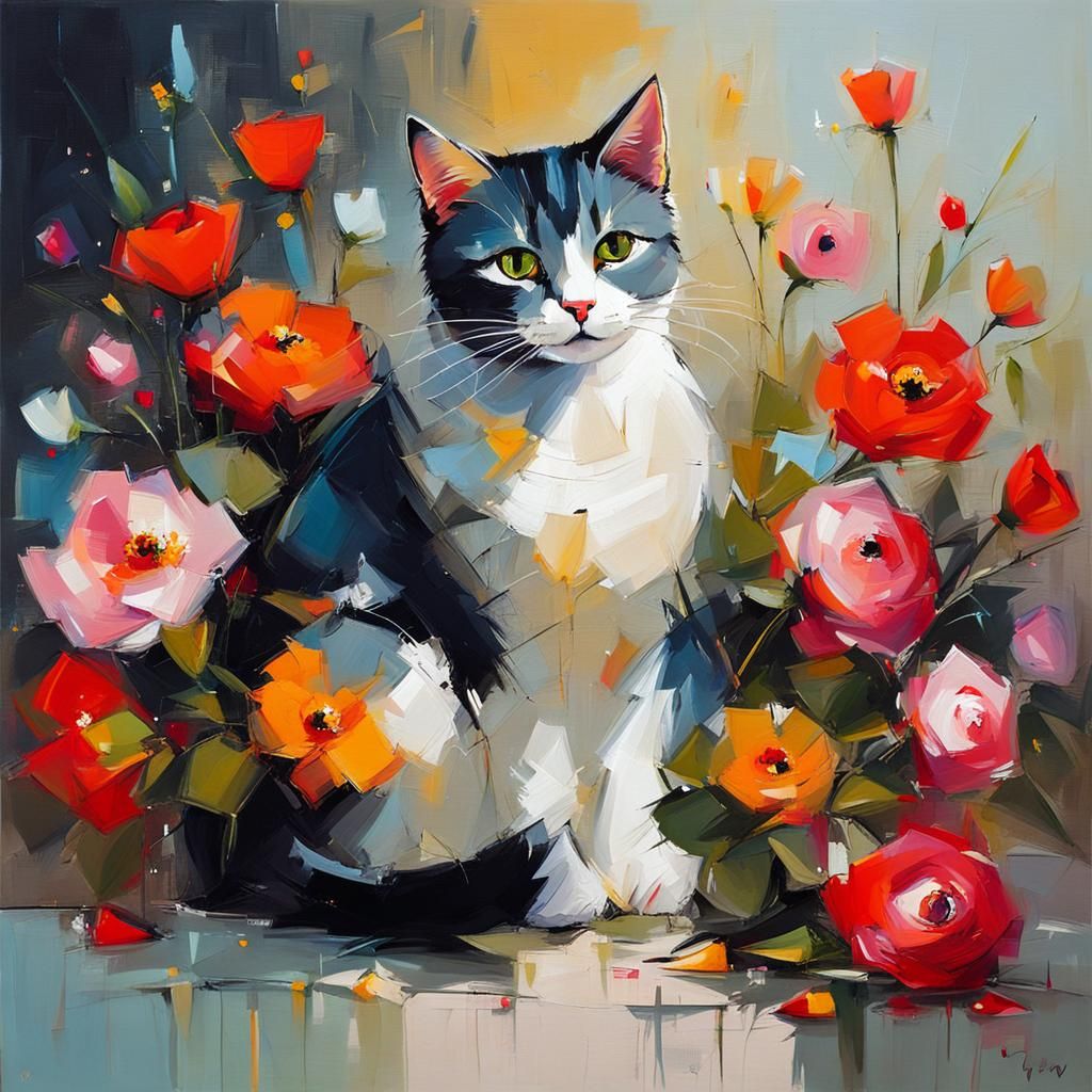 Vibrant Feline Portrait in Whimsical Floral Setting
