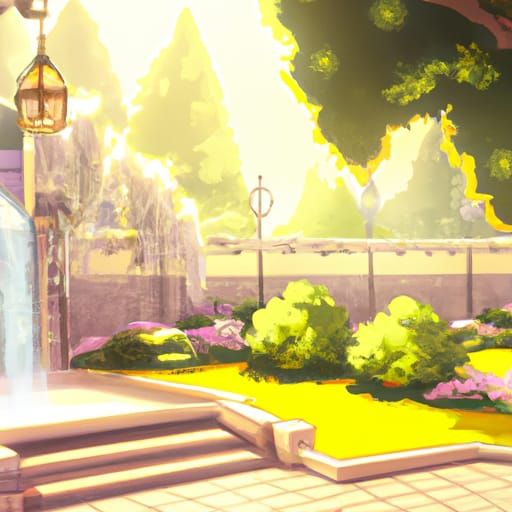 Anime Palace Garden with Fountain in Ghibli Style