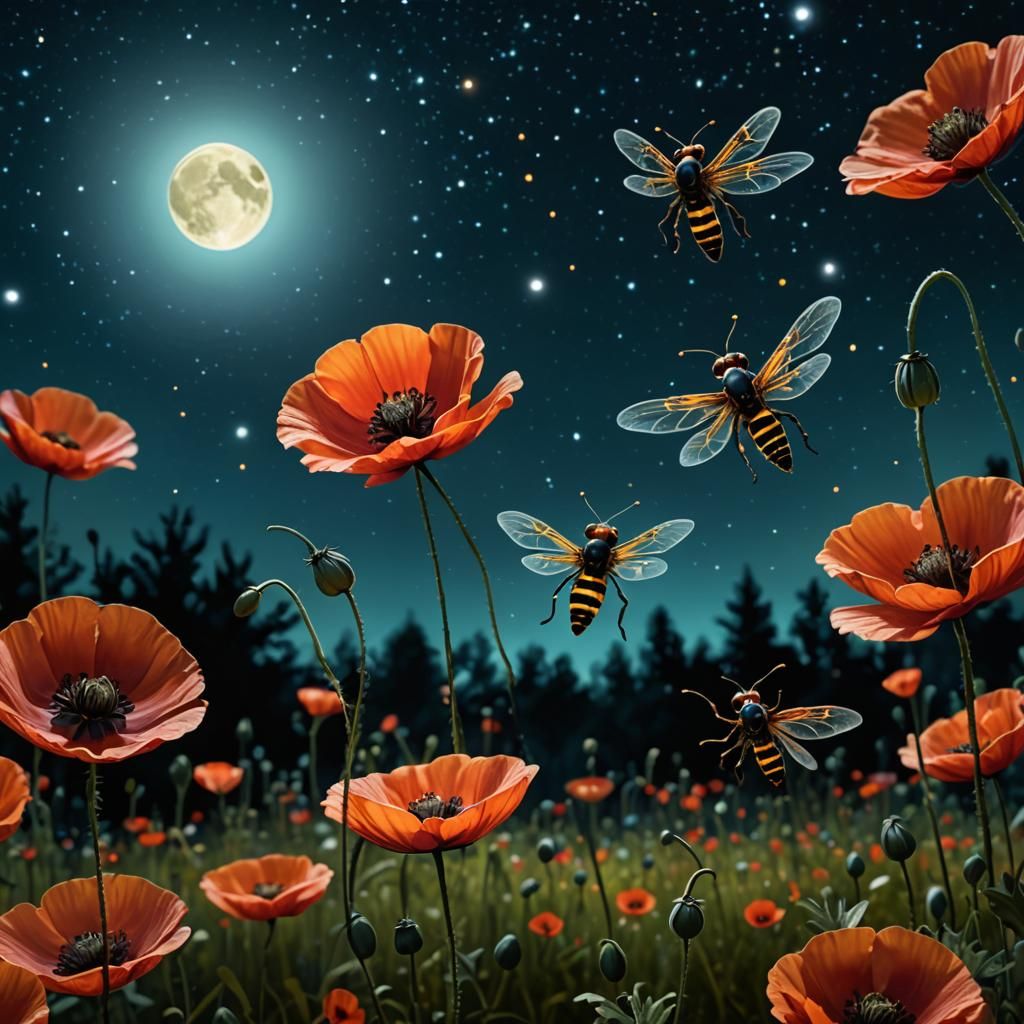 Fireflies and Poppies at Night, Tim Burton Style