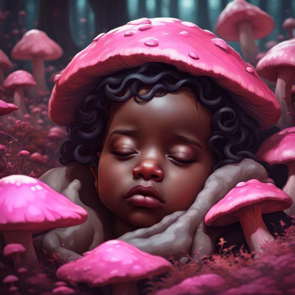 Black Baby Asleep in Pink Mushroom Field