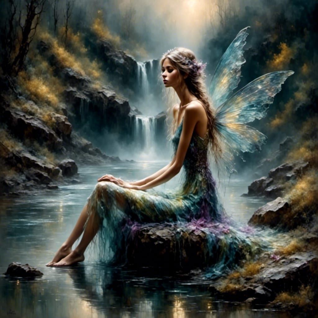 Fairy by Waterfall in Soft Fantasy Art Style