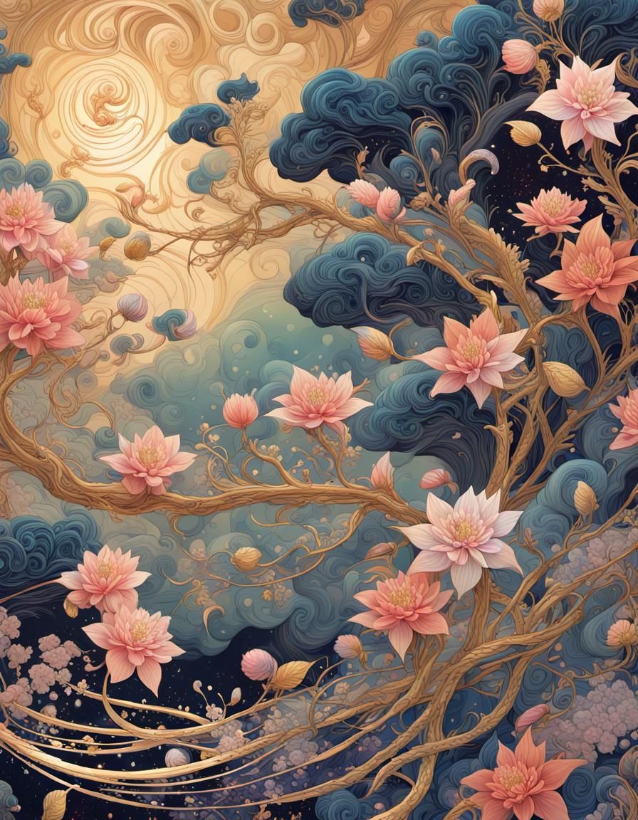 Magical World of Flowing Vines in Ukiyo-e Style