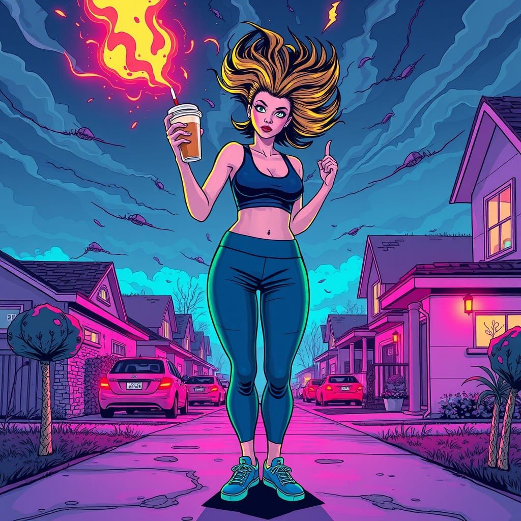 Chaotic Suburban Woman in Dystopian Future Style