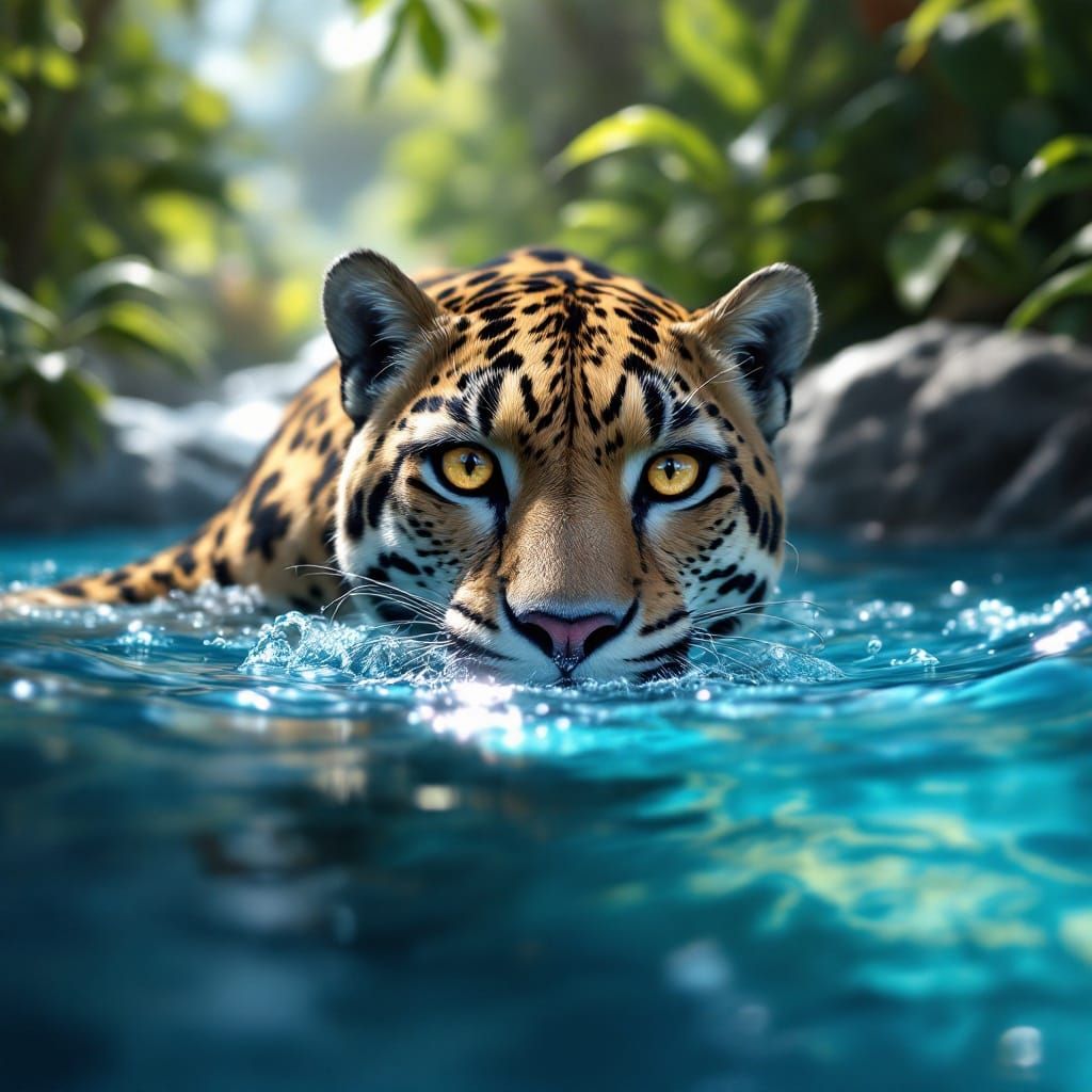 Clouded Leopard Swimming in Crystal River: Fantasy Art