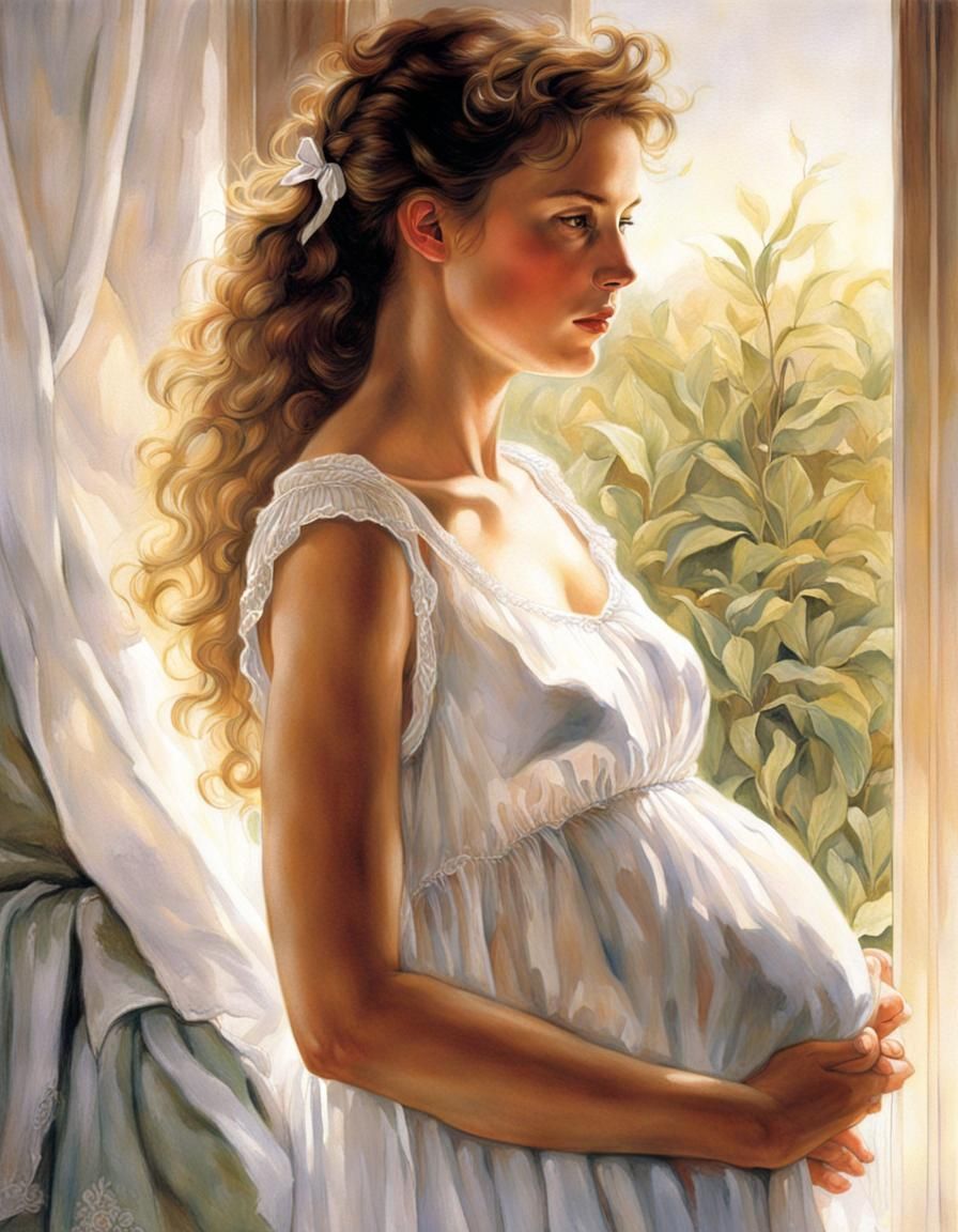 Pregnant Woman in Bedroom: Romantic Realism Portrait