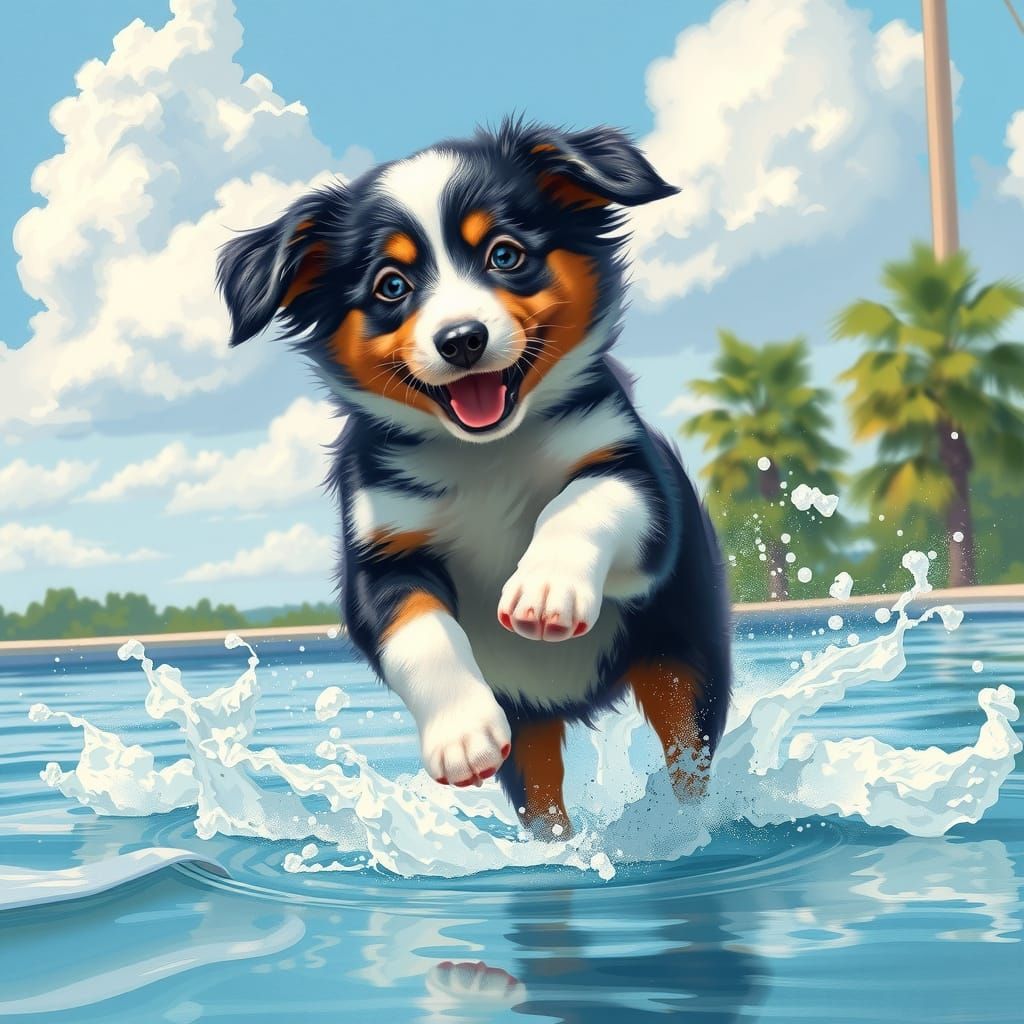 Australian Shepherd Puppy Jump in Impressionist Style