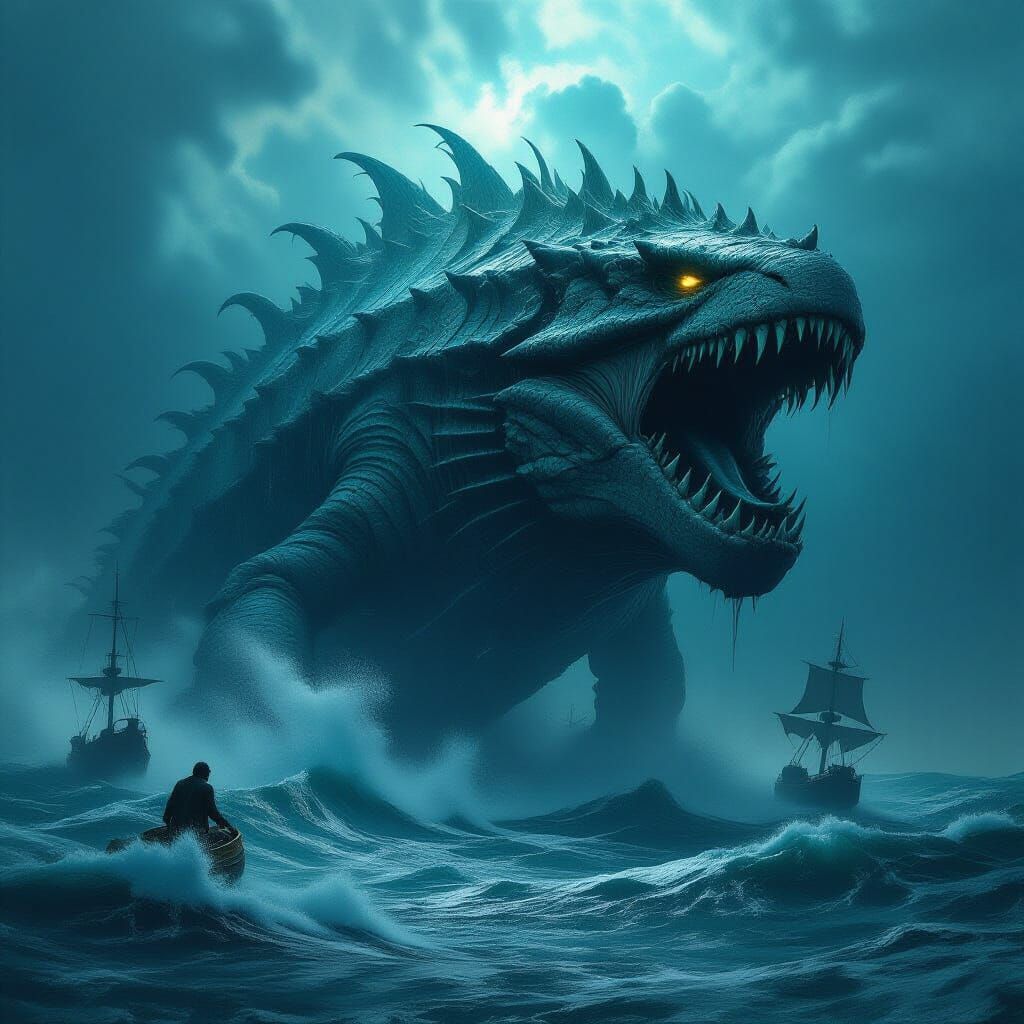 Ancient Leviathan Breaches Stormy Ocean Surface
