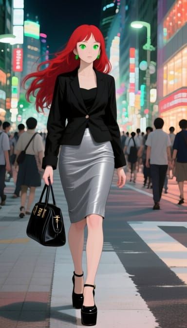 Japanese Woman in Ginza at Night in Pop Surrealist Style