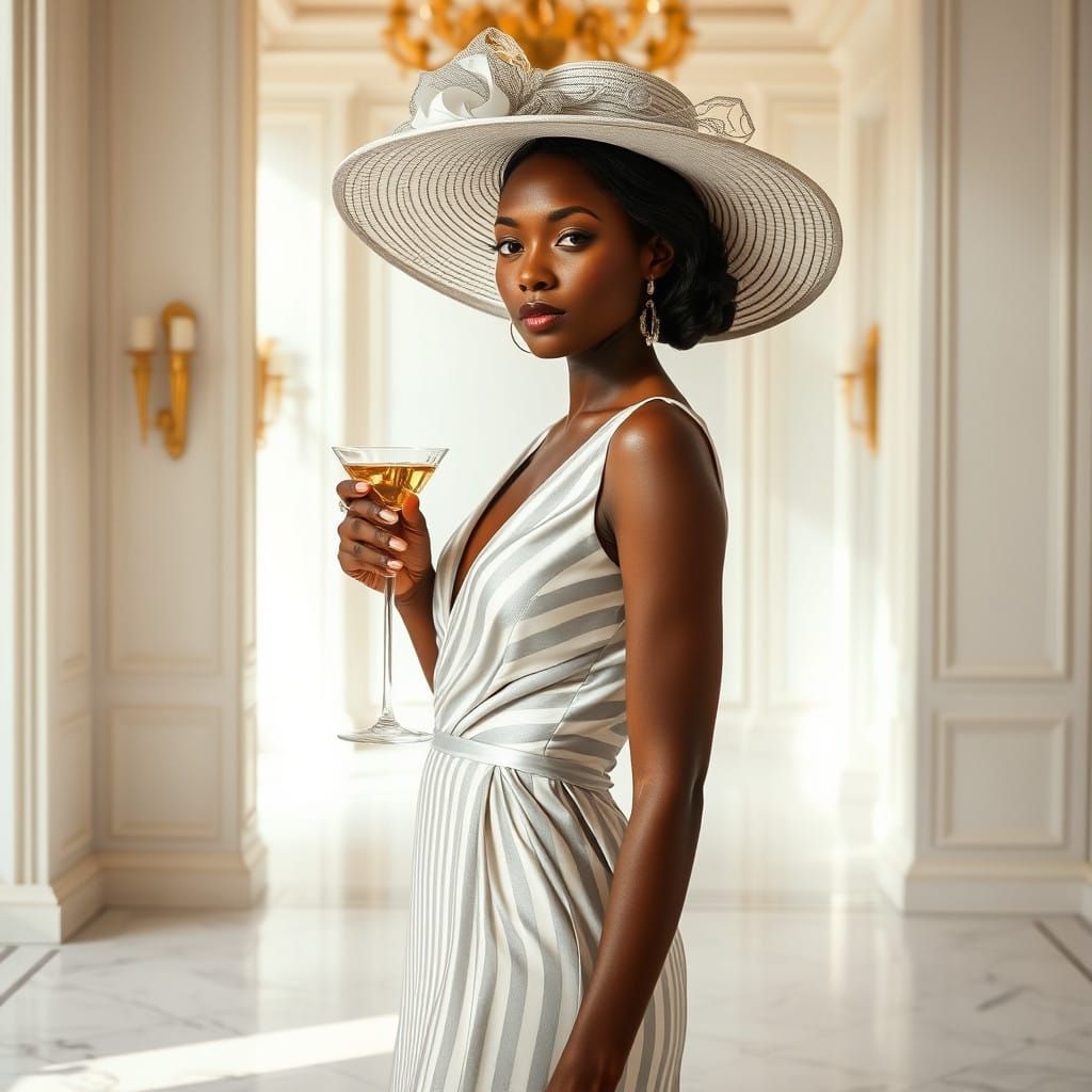Elegant Woman in Silver and White Striped Dress, Afrofuturis...