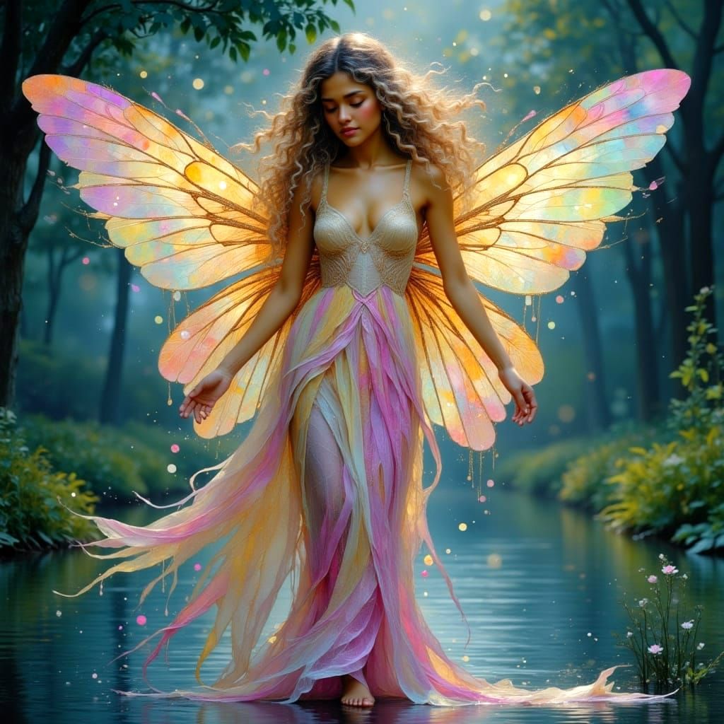 Art Nouveau Fairy with Iridescent Wings