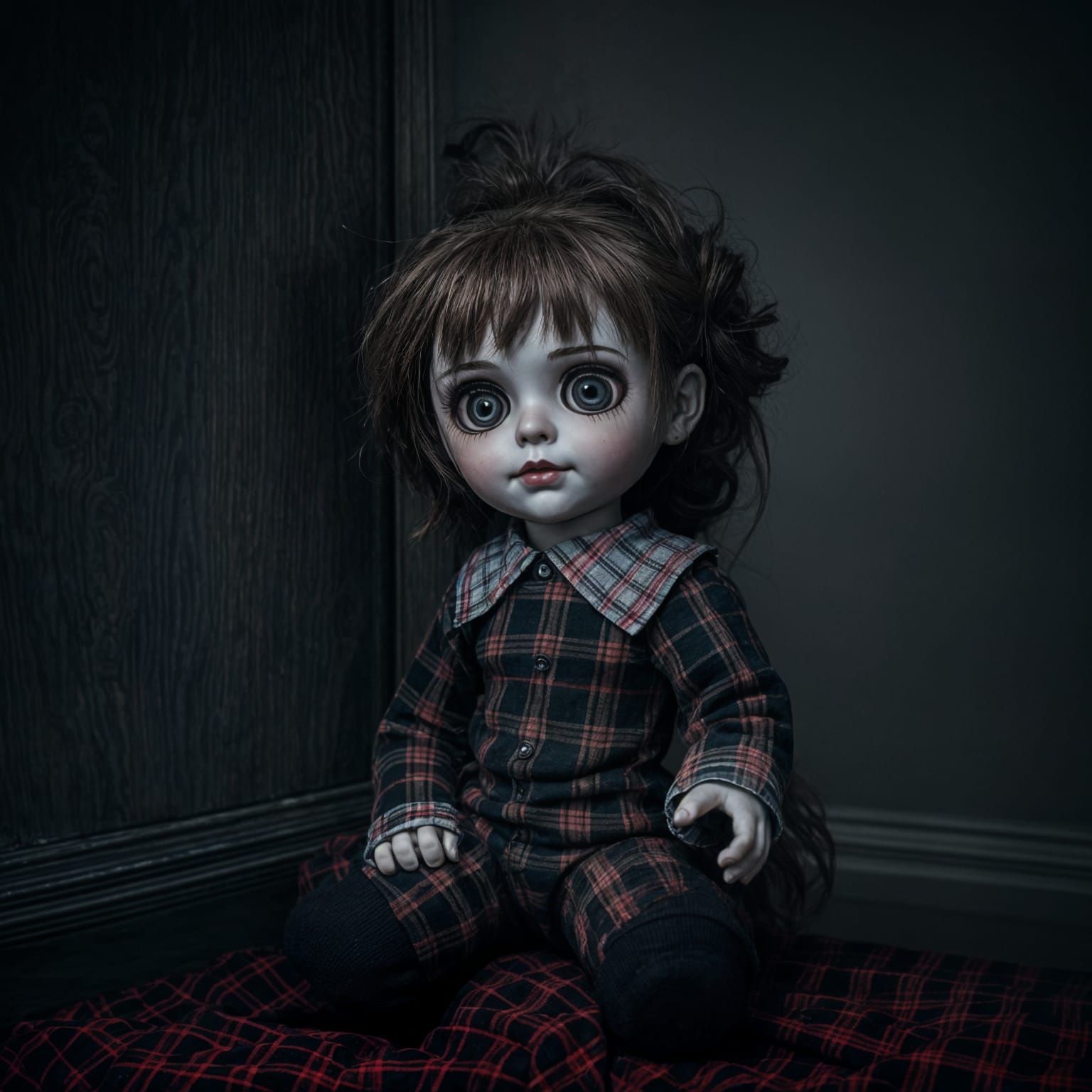 Eerie Haunted Doll in Dimly Lit Room