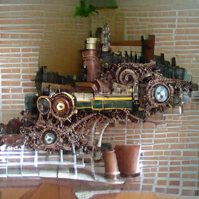 Steampunk Train at Station on Tracks