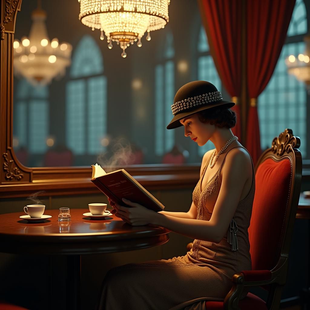 1920s Woman Reads Dystopian Novel in Luxurious Cafe