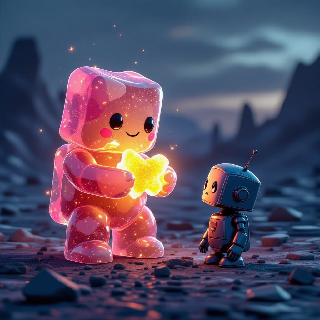 Generous Candy Creature Shares Rock Candy with Robot