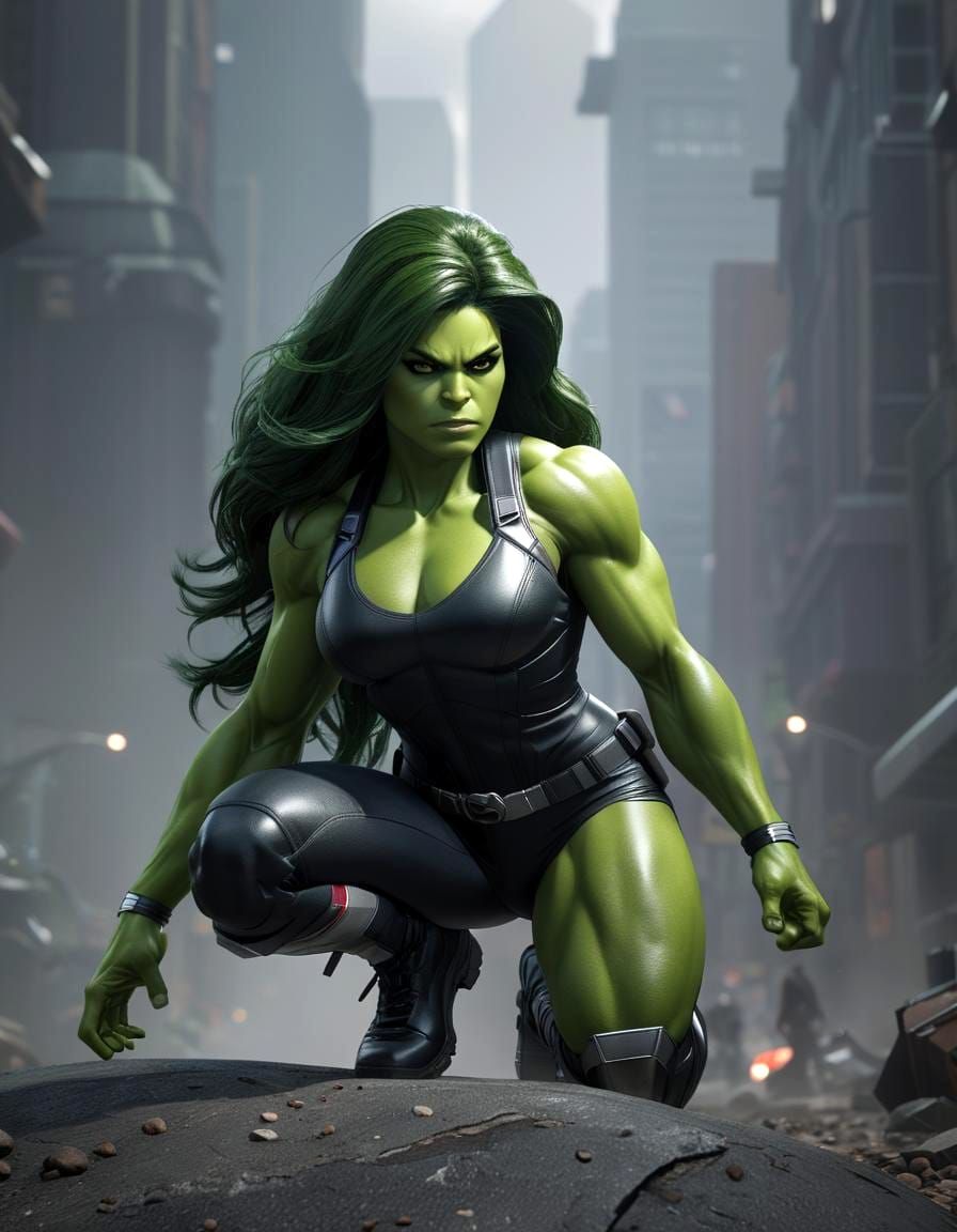 Hyperrealistic She-Hulk Portrait in Dystopian Setting