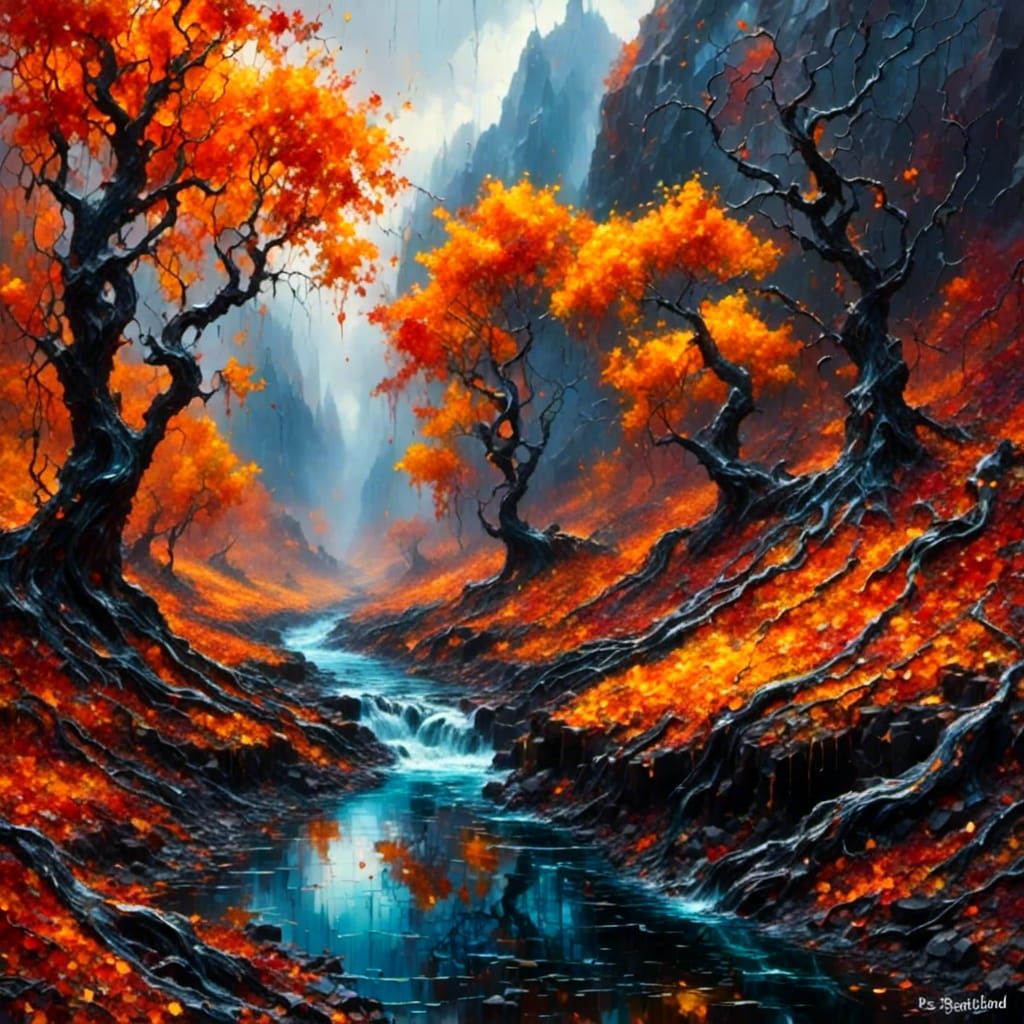 Autumnal Valley with Twisted Trees, as Impasto Oil Painting