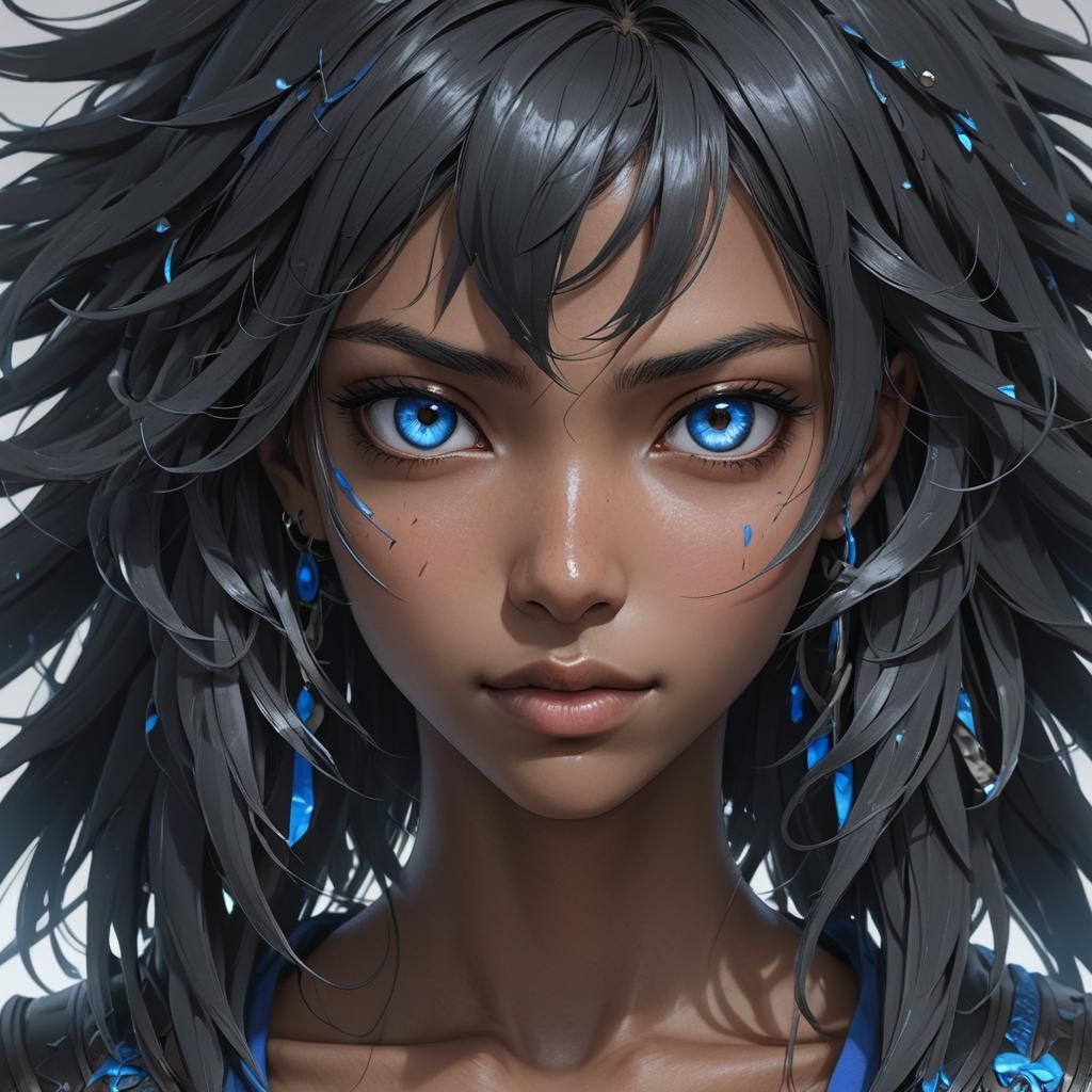 Anime-Style Warrior with Black Hair and Blue Eyes