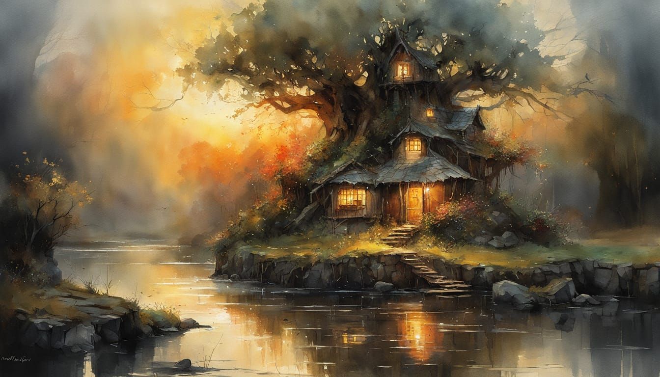 Whimsical Watercolor Fairy Treehouse Amidst a Sunset in the ...