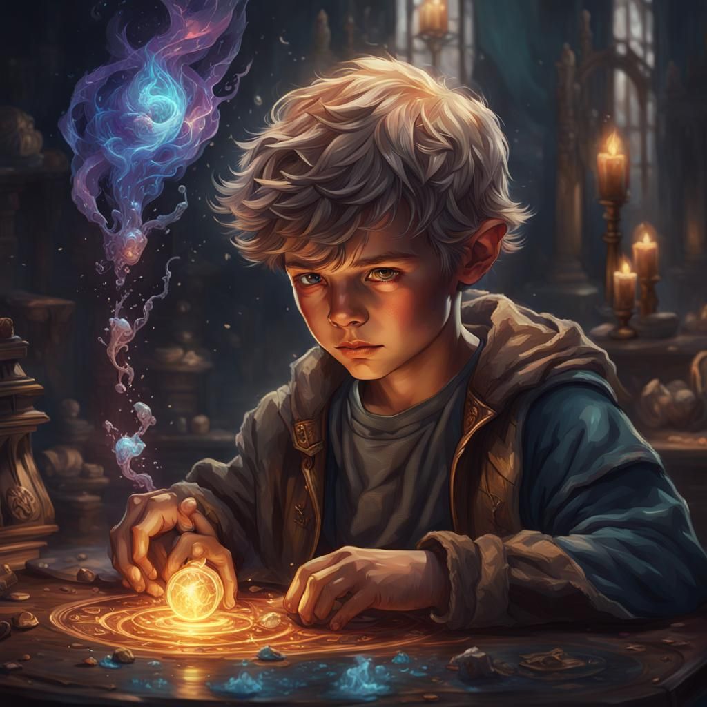 Boy's Dark Magic Discovery: Hyperdetailed Portrait